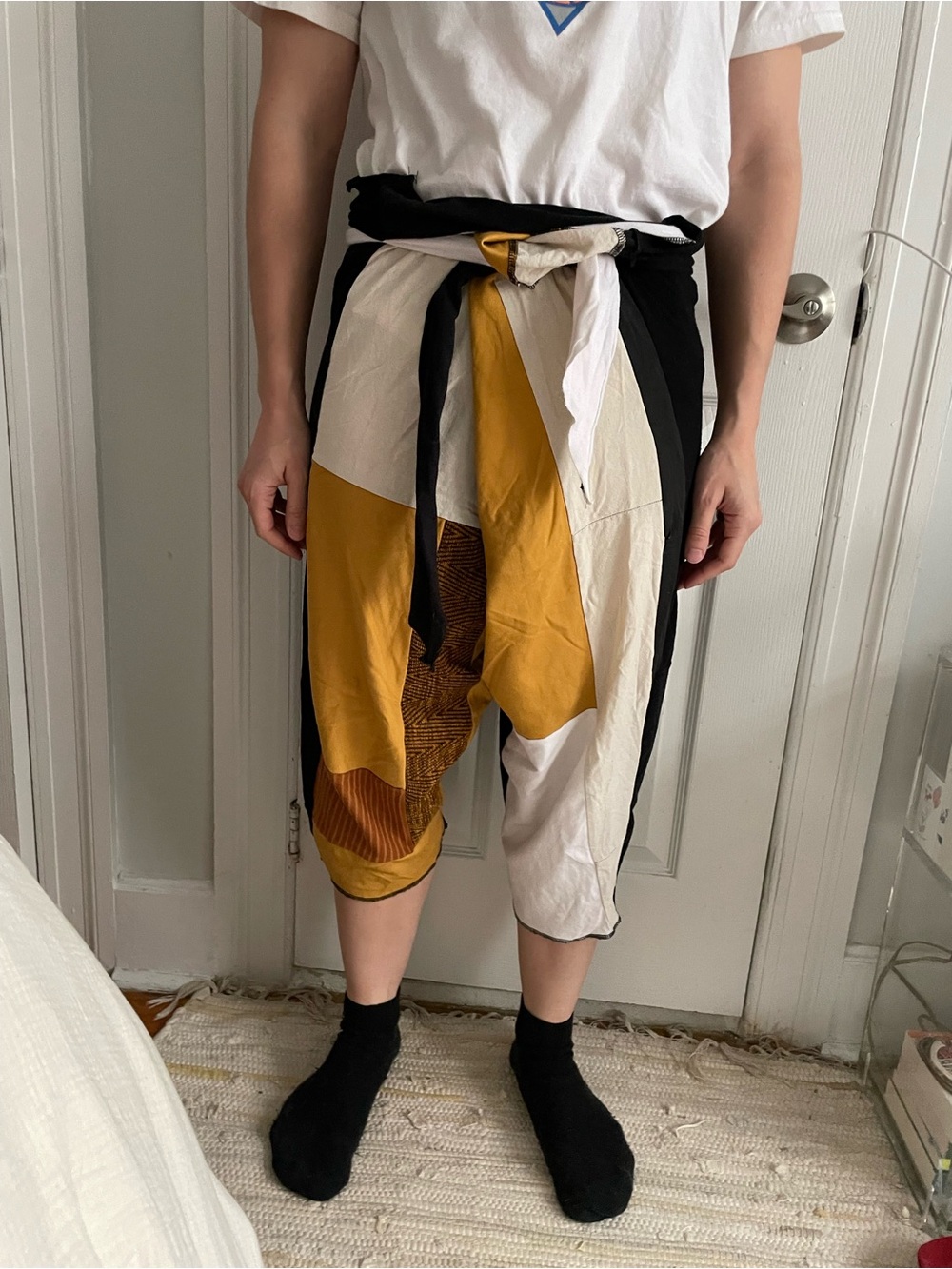 Colorblock Cotton Blend Tie-Waist sweatpants - Mustard/White/Black